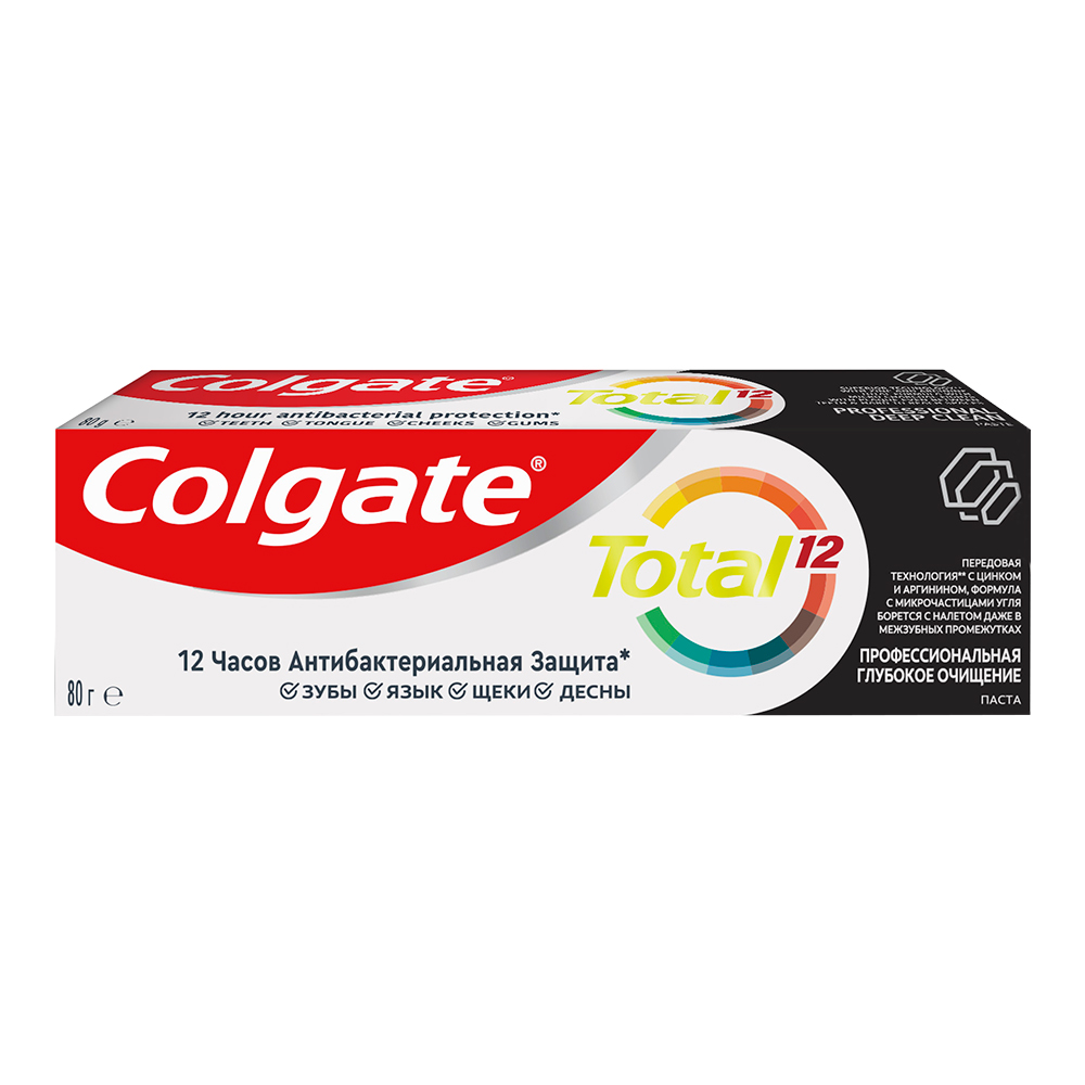картинка Зубная паста Colgate Total 12 Глубокое очищение комплексная антибактериальная с древесным углем, 80 г 