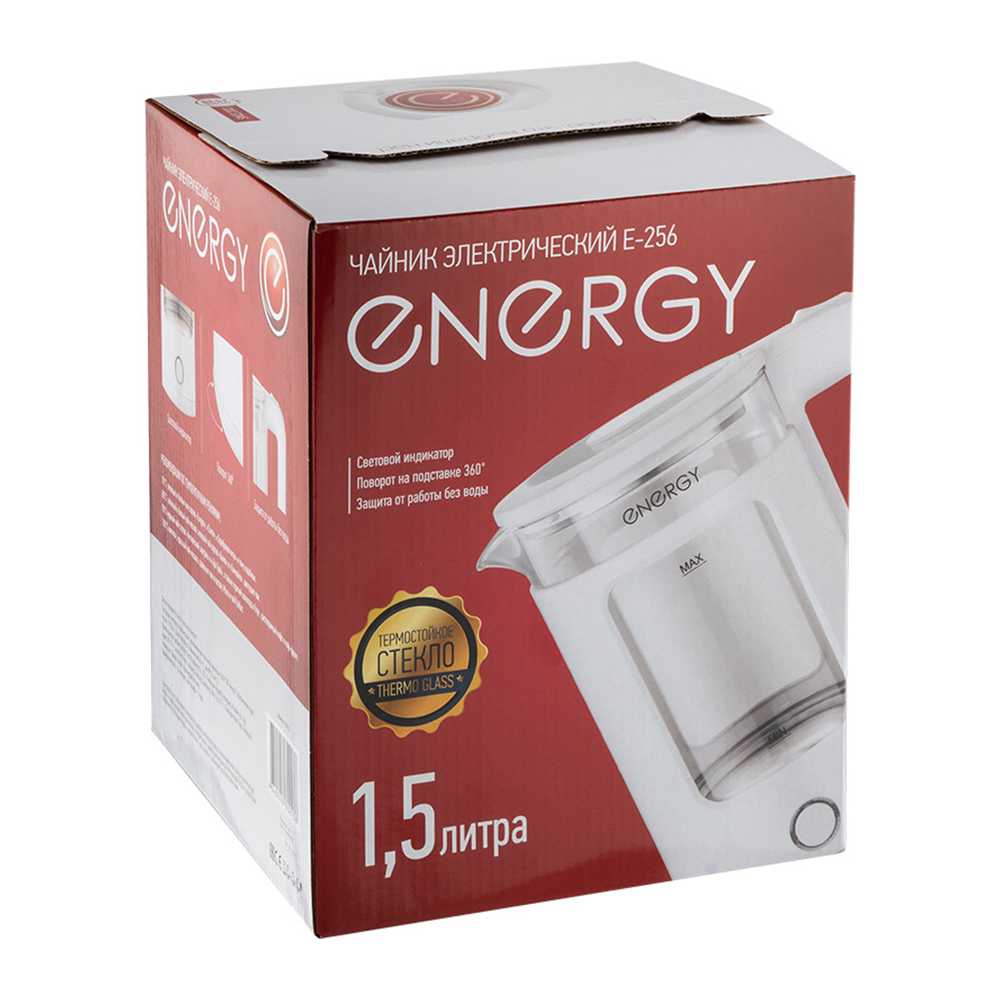 Чайник электрический Energy 164151 корпус из термостойкого стекла, белый, 1,5 л