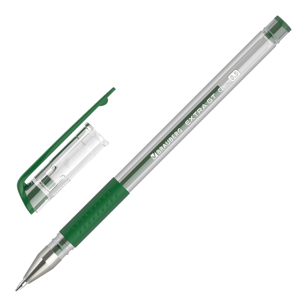 Ручка гелевая Brauberg 143922 EXTRA GT стандартный узел 0,5 мм, линия 0,35 мм, прозрачный корпус, зеленый