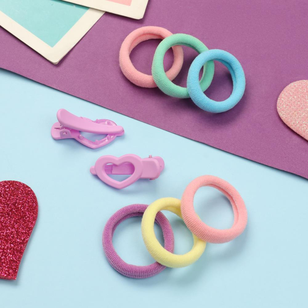 картинка Набор для волос 10309459 (10 резинок 3 см + 2 зажима 3 см), сердечность, сиреневый 