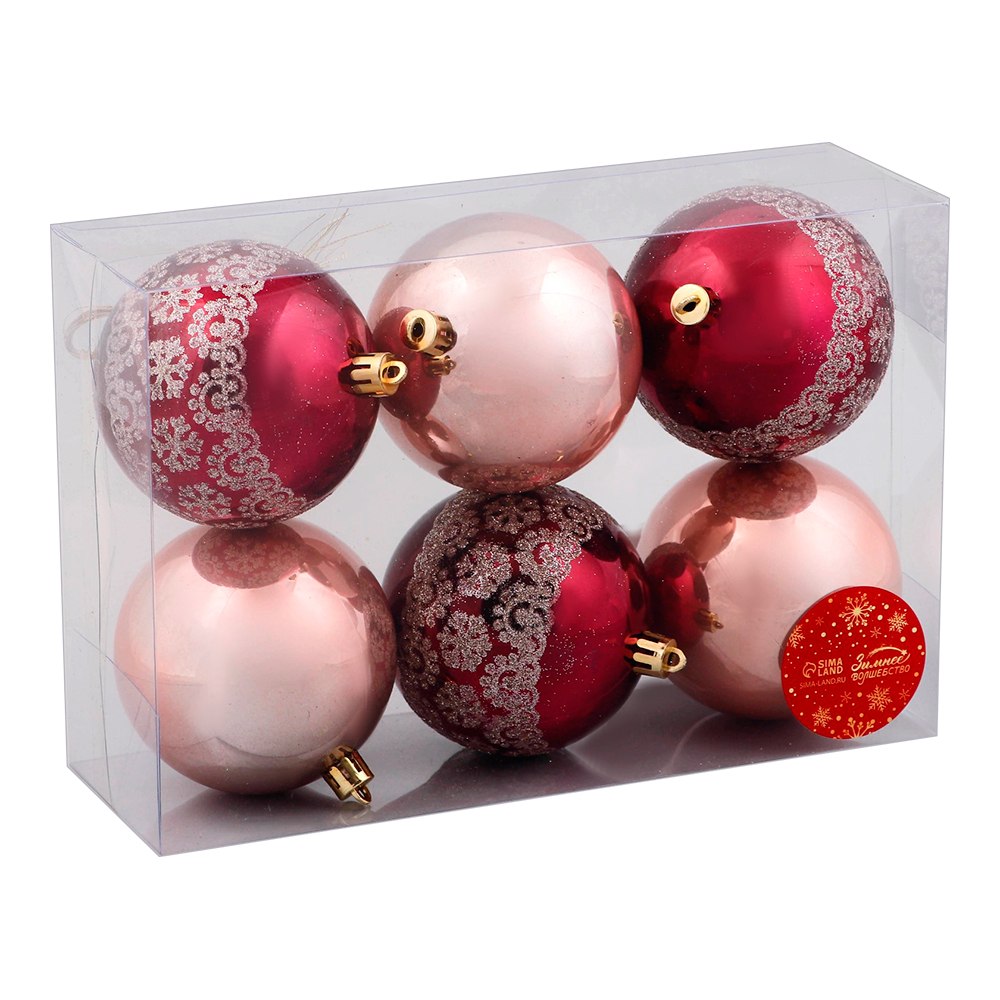 Набор новогодних шаров 9510504 Ночка, цветы, узор 8 см, бордовый золото, 6шт