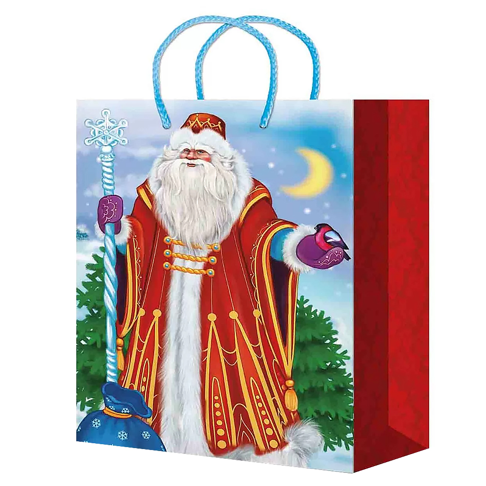 Пакет подарочный M-201/202/203/204/205 Дед мороз на красном 18*22*10 см, в ассортименте