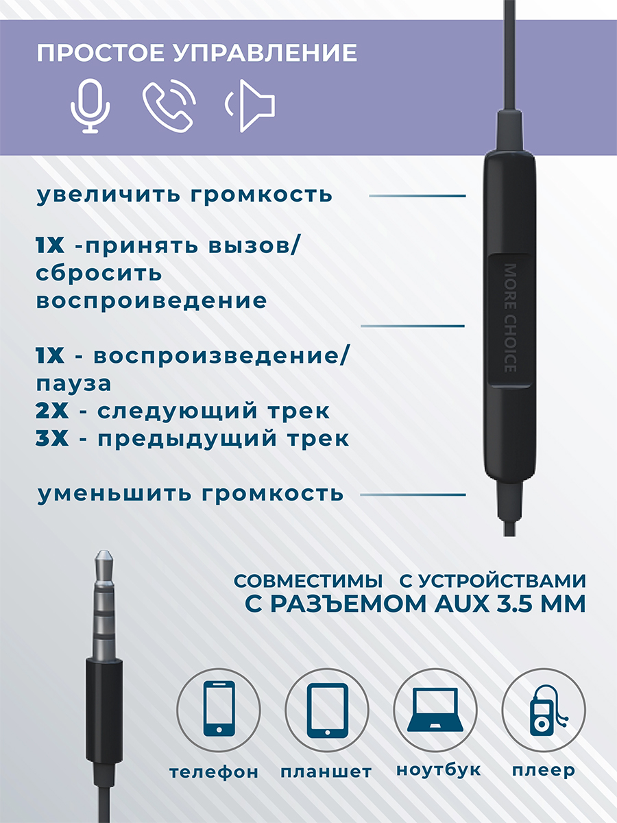 картинка Наушники Smart G31S AUX с микрофоном с регулятором громкости, черный, 1,2 м 