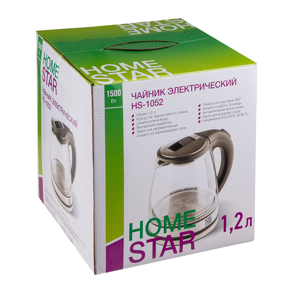 Чайник электрический Homestar 106462 HS-1052, стекло, черный, 1,2 л
