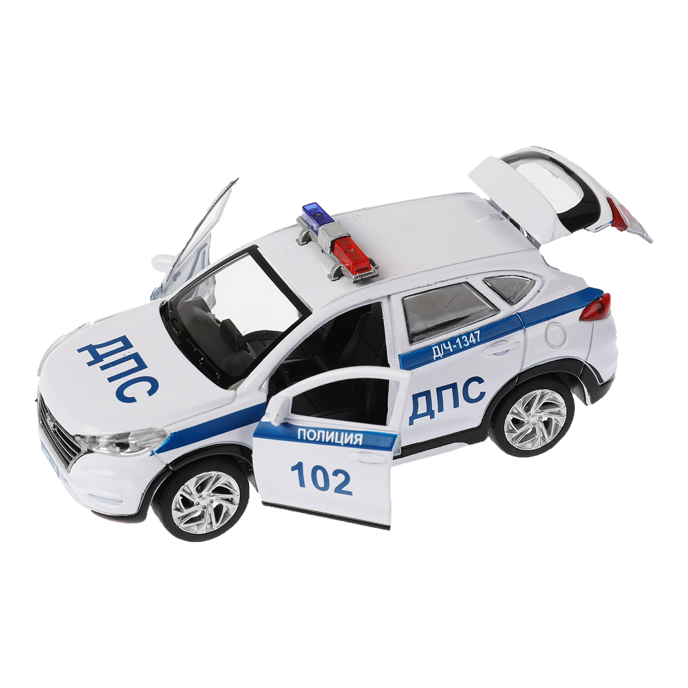 картинка Машина TUCSON-12POL-WH Технопарк инерционная, Hyundai Tucson Полиция, 12 см, металл, в ассортименте 