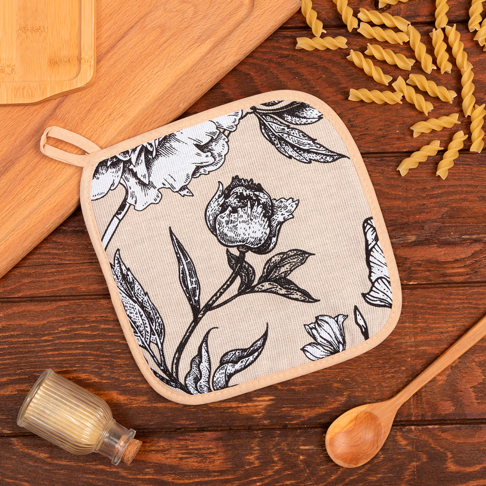 Прихватка Доляна 7587366 Blooming garden 19*19 см, бежевый, белый, 1 шт