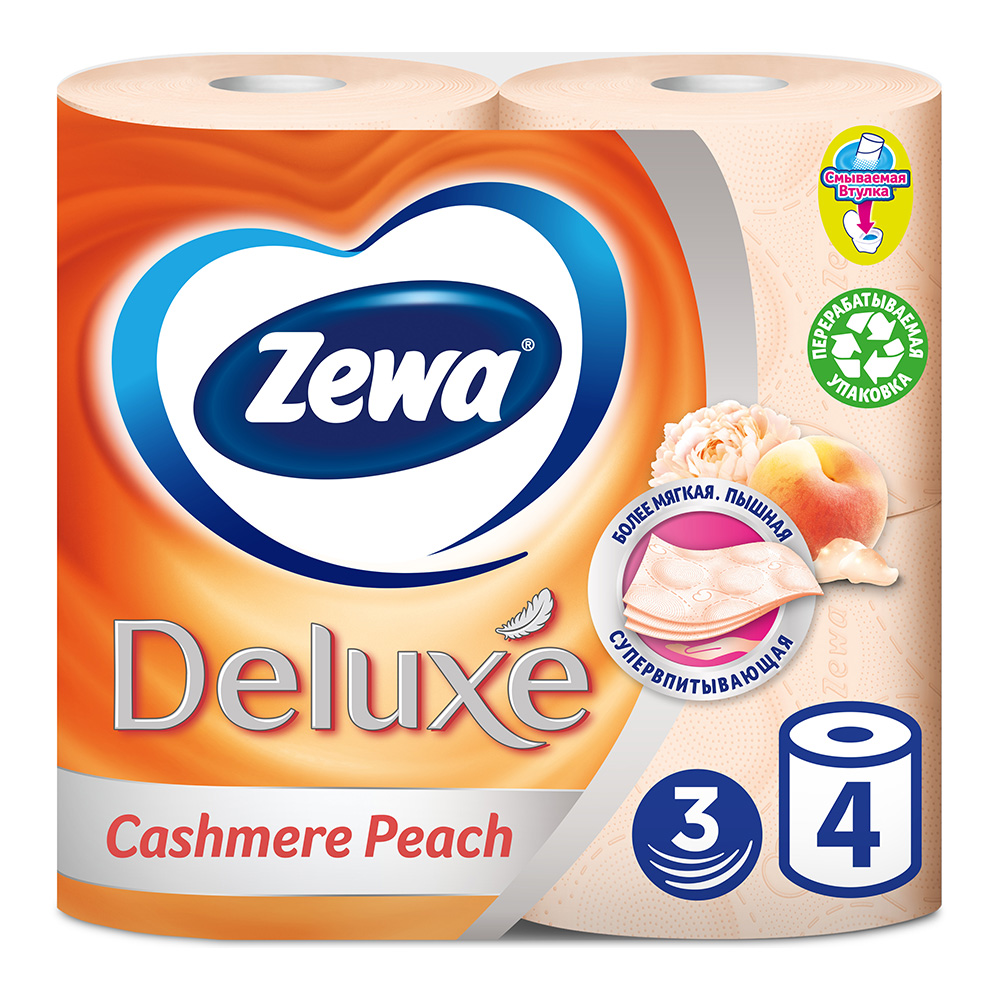 картинка Бумага туалетная Zewa Deluxe трехслойная, персик, 4 шт 