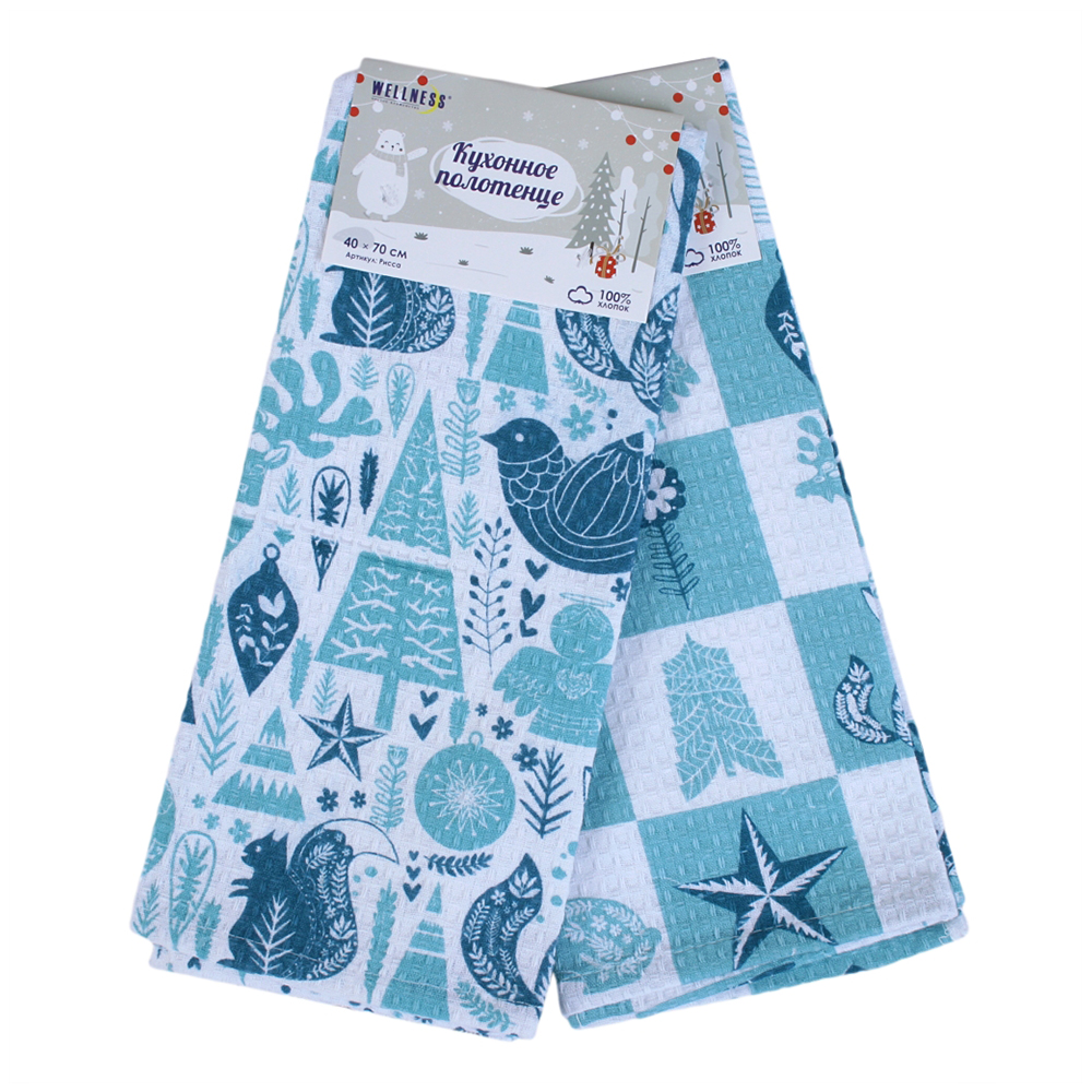 Полотенце кухонное Рисса, 100% хлопок, вафельное, новогоднее 40*70 см