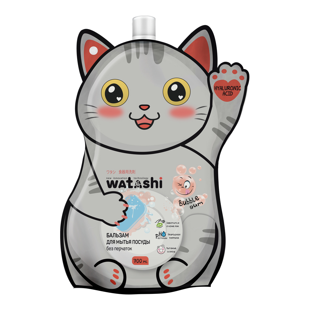 картинка Средство для мытья посуды WATASHI KOTE Бальзам без перчаток, с гиалуроновой кислотой, дой-па, 700 мл 