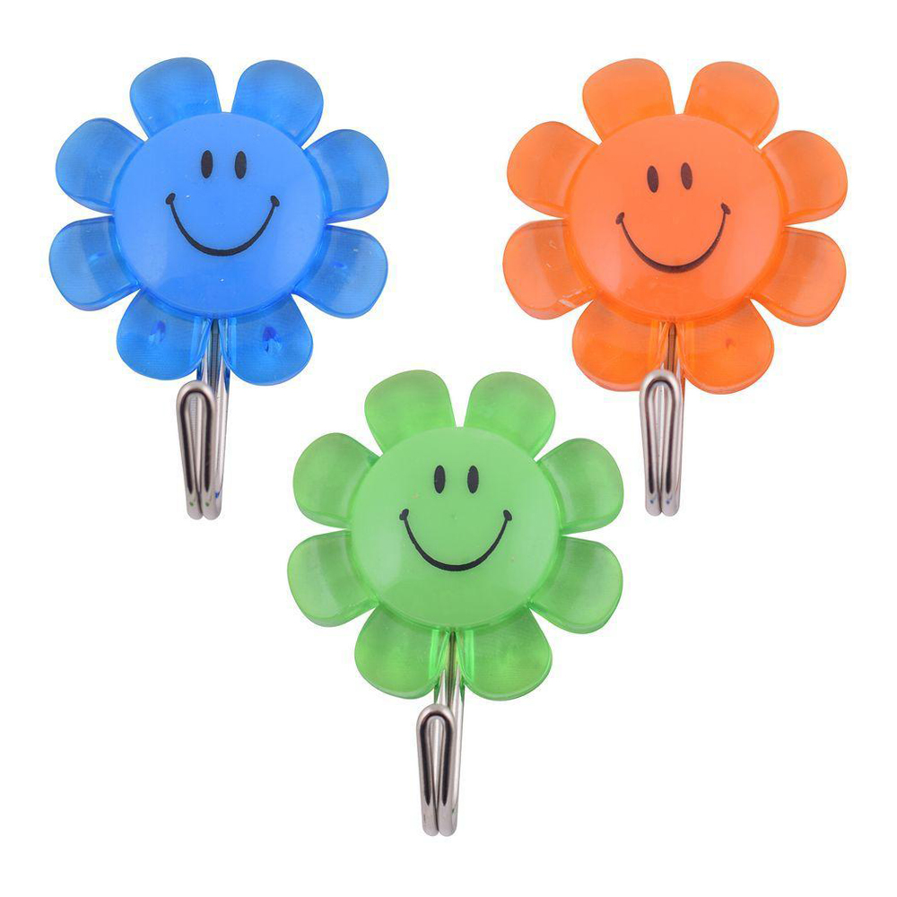 картинка Крючок хромированный FD27-17 на липучке, Улыбка с цветком, в ассортименте, 2 шт 