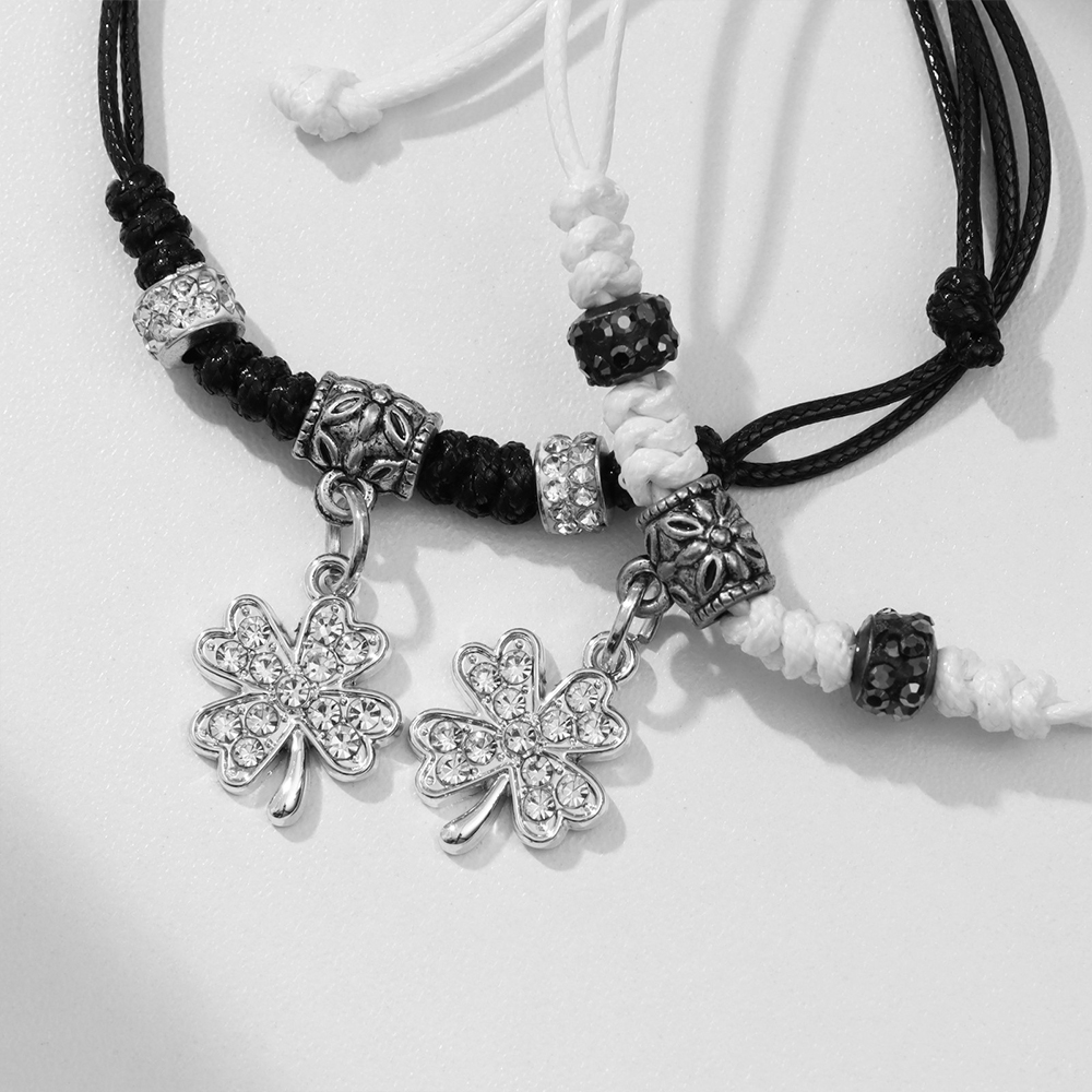 Бижутерия Браслеты парные Неразлучники, клевер, стразы, текстиль, бижутерный сплав, черный, белый, 12,5 см