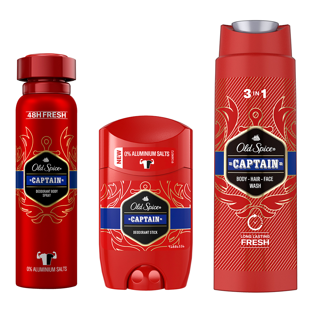 картинка Набор подарочный Old Spice Captain (гель для душа 250 мл + дезодорант-стик 50 мл + дезодорант-спрей 150 мл), мужской 