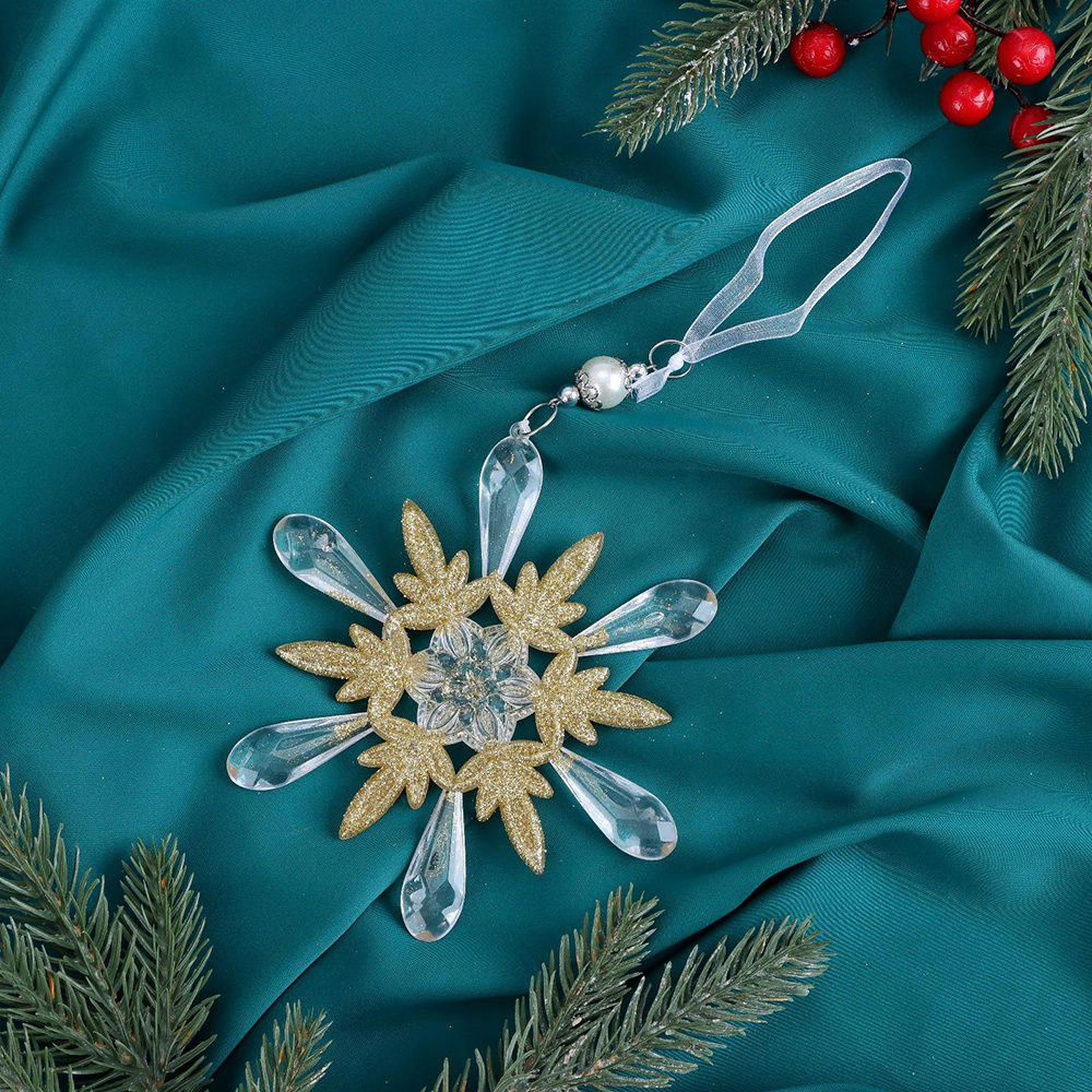 Новогоднее Украшение 6953969 Снежинки лучистые блеск, 14*14 см, пластик, золотистый, прозрачный