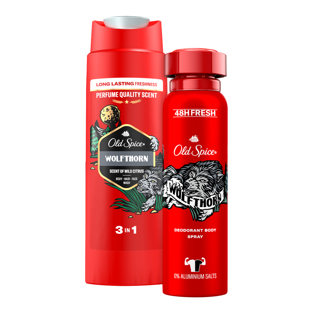 картинка Набор подарочный Old Spice Wolfthorn (дезодорант - спрей 150мл + и гель для душа 3 в 1 250 мл), мужской 