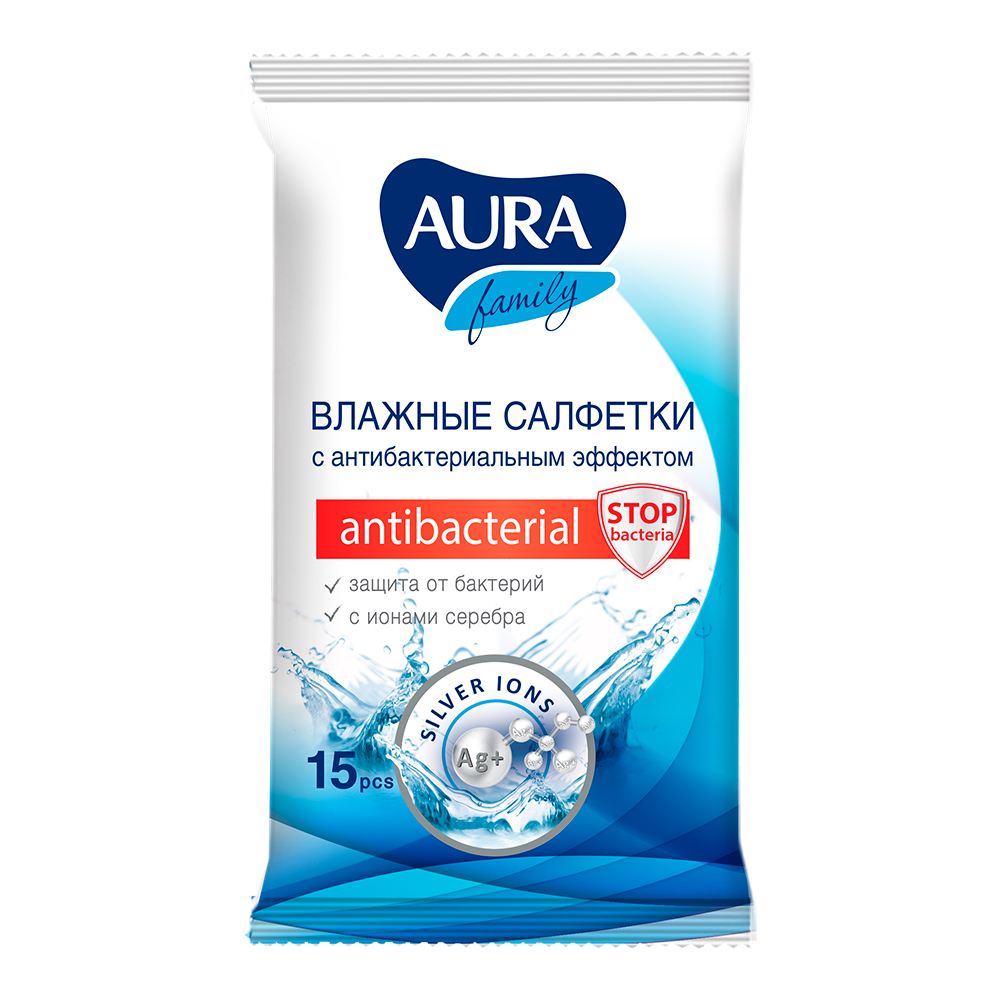 Влажные салфетки Aura Family с антибактериальным эффектом, 15 шт