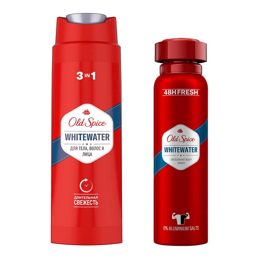 картинка Набор подарочный Old Spice Whitewater (дезодорант - спрей 150 мл + гель для душа 3 в 1 250 мл), мужской 
