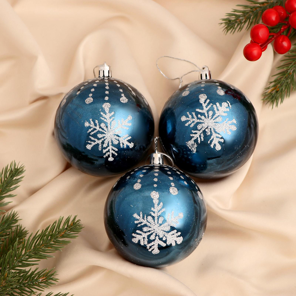 Набор новогодних шаров 6536895 Тихий вечер, пластик 8 см, сине-белый, 3шт