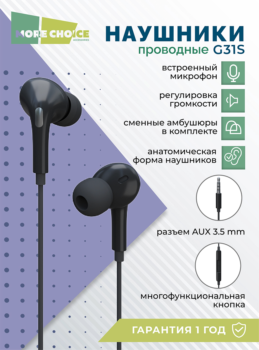 картинка Наушники Smart G31S AUX с микрофоном с регулятором громкости, черный, 1,2 м 