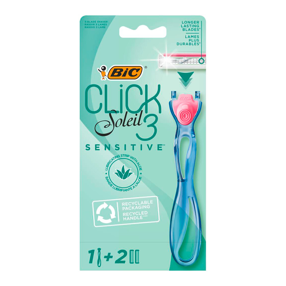 картинка Станок для бритья Bic Click Soleil Sensitive, 3лезвия, 2 сменные кассеты, женский 