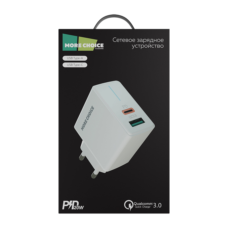 картинка Зарядное устройство MoreChoice NC61 СЗУ USB+Type-C PD 20W+QC3.0 3.0A, белый 