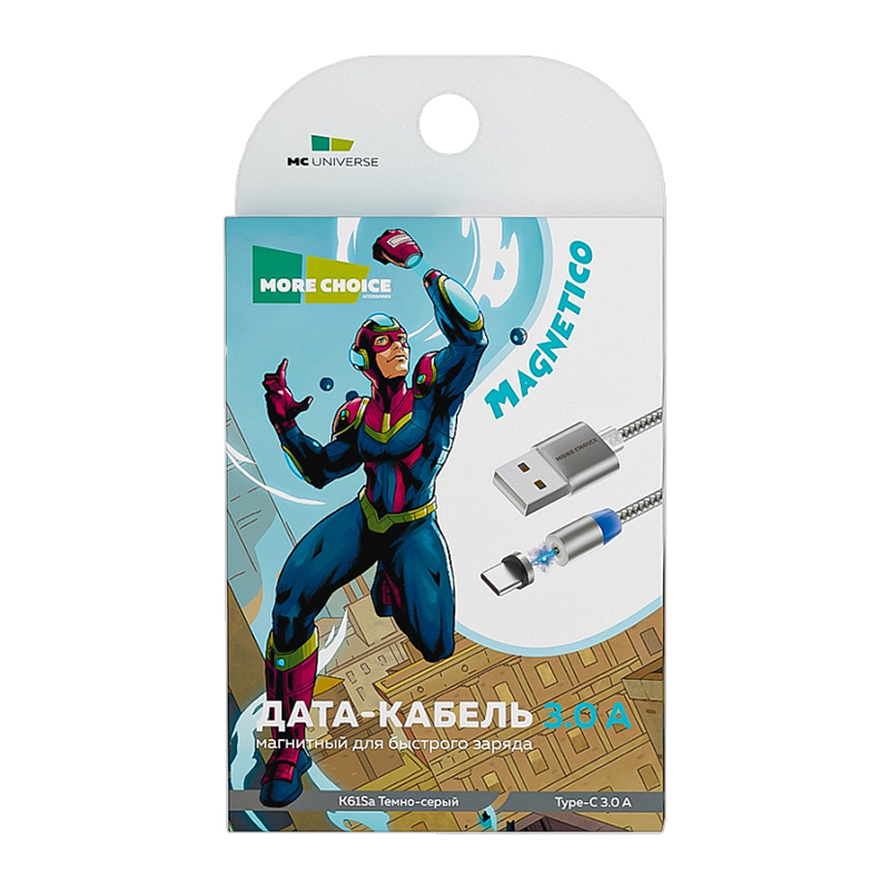 картинка Дата-кабель для зарядки MoreChoice K61Sa Smart USB для Type-C Magnetic 3.0А, серый, 1 м 