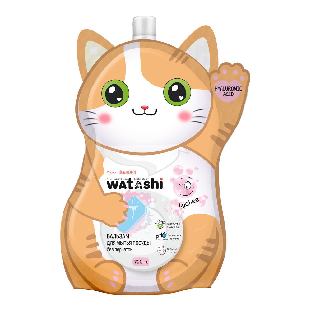 картинка Средство для мытья посуды WATASHI KOTE Бальзам без перчаток, с гиалуроновой кислотой, дой-па, 700 мл 