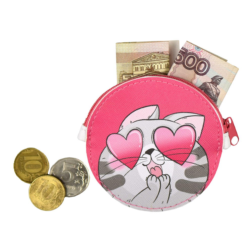 картинка Кошелёк для банкнот и монет Феникс 64603 Котик, круглый, на молнии 9*9 см, искуственная кожа 