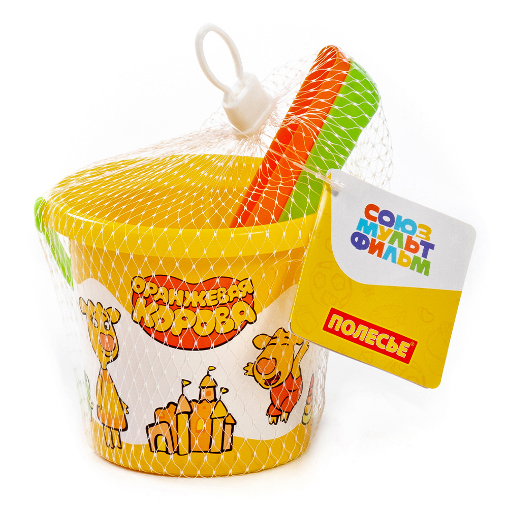 картинка Набор для песочницы 83159 Полесье Оранжевая корова (ведро малое с наклейкой, совок, грабельки), в ассортименте 