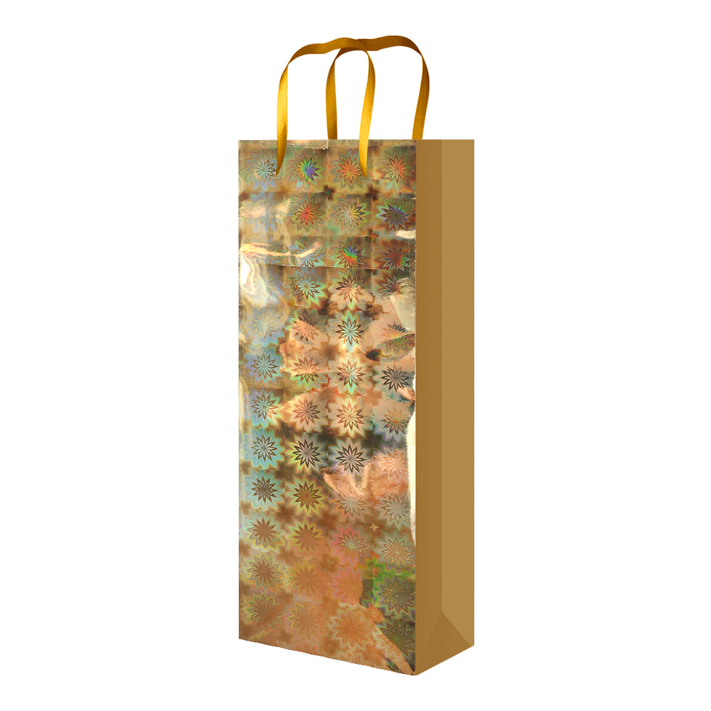 Пакет подарочный с ручками голография бумажный под бутылку 120*360*80, микс