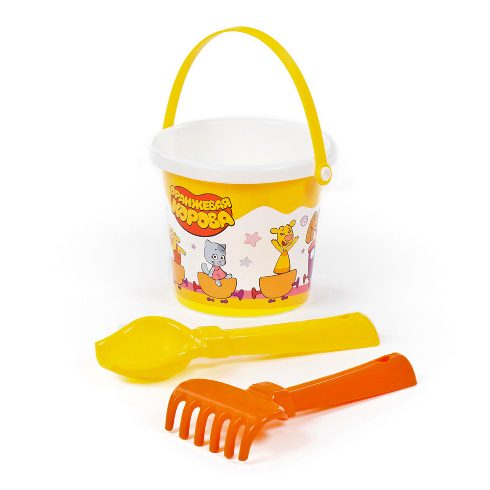 картинка Набор для песочницы 83159 Полесье Оранжевая корова (ведро малое с наклейкой, совок, грабельки), в ассортименте 