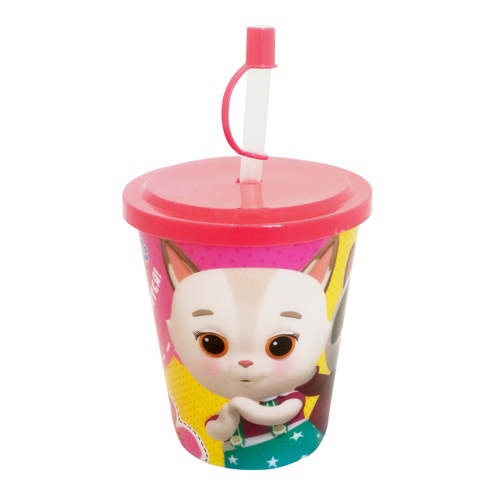 Стакан CDPT400-1 детский, Кошечки-собачки, с крышкой и трубочкой, полипропилен, 400 мл