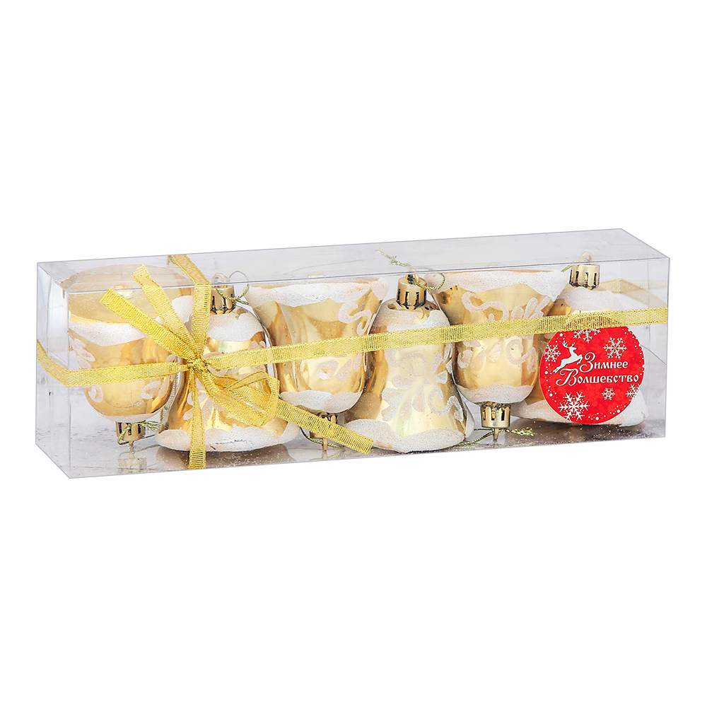 Новогоднее Украшение 3562576 Колокольчики с цветами 5,5 см, пластик, бело-золотой, 6 шт