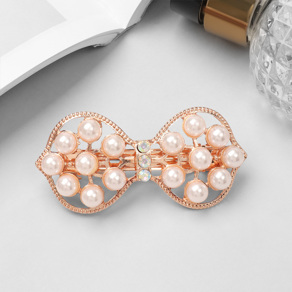 картинка Заколка-автомат для волос Queen Fair 10309562 Лоури, бант, 6,5 см, Белый, Золотистый 