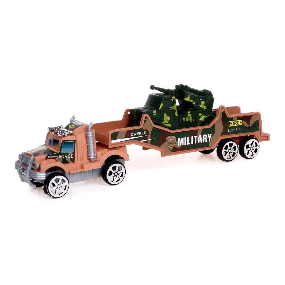 картинка Грузовик 196587 инерционный, Трейлер со спецтехникой, 23*4*5 см, металл, пластик, дизайн в ассортименте 