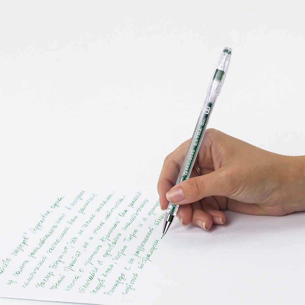 Ручка гелевая Brauberg 143904 EXTRA узел 0,5 мм, линия 0,35 мм, прозрачный корпус, зеленый