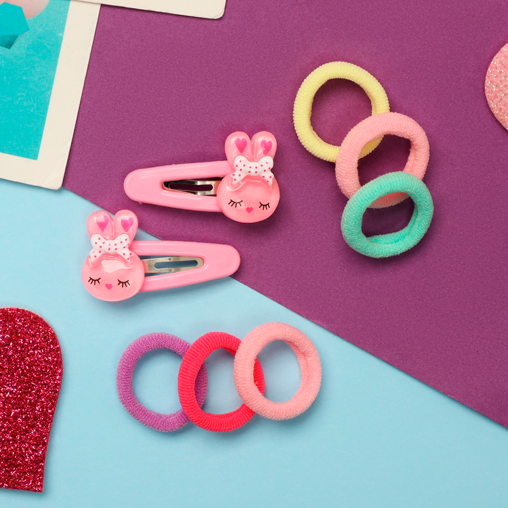 картинка Набор для волос 10309446 Карамель (10 резинок 1,5см + 2 зажима), зайки, разноцветный 