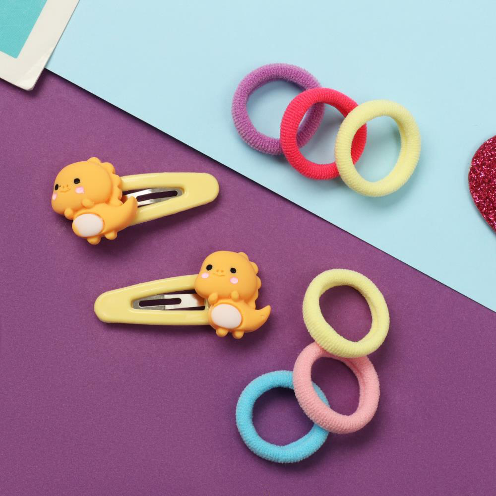 картинка Набор для волос 10309452 (10 резинок 1,5 см + 2 невидимки 3,5 см), дракончики, жёлтый 