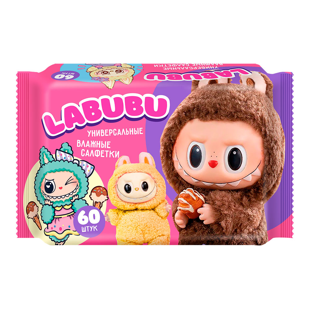 Влажные салфетки Labubu, универсальные, микс, 60 шт