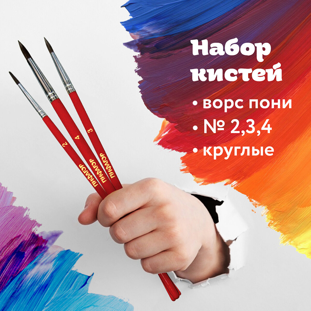 Кисти для рисования Пифагор 200227 из ворса пони круглые № 2, 3, 4, блистер, 3 шт