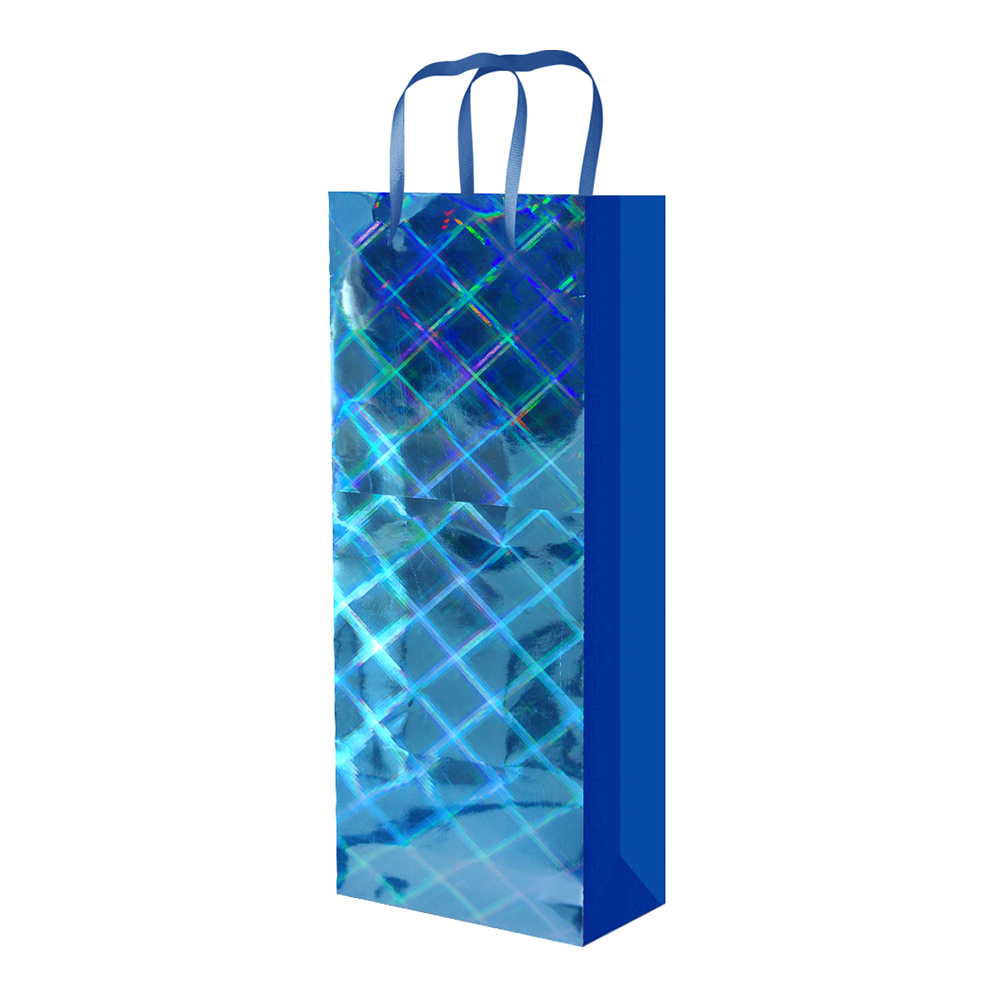 Пакет подарочный с ручками голография бумажный под бутылку 120*360*80, микс