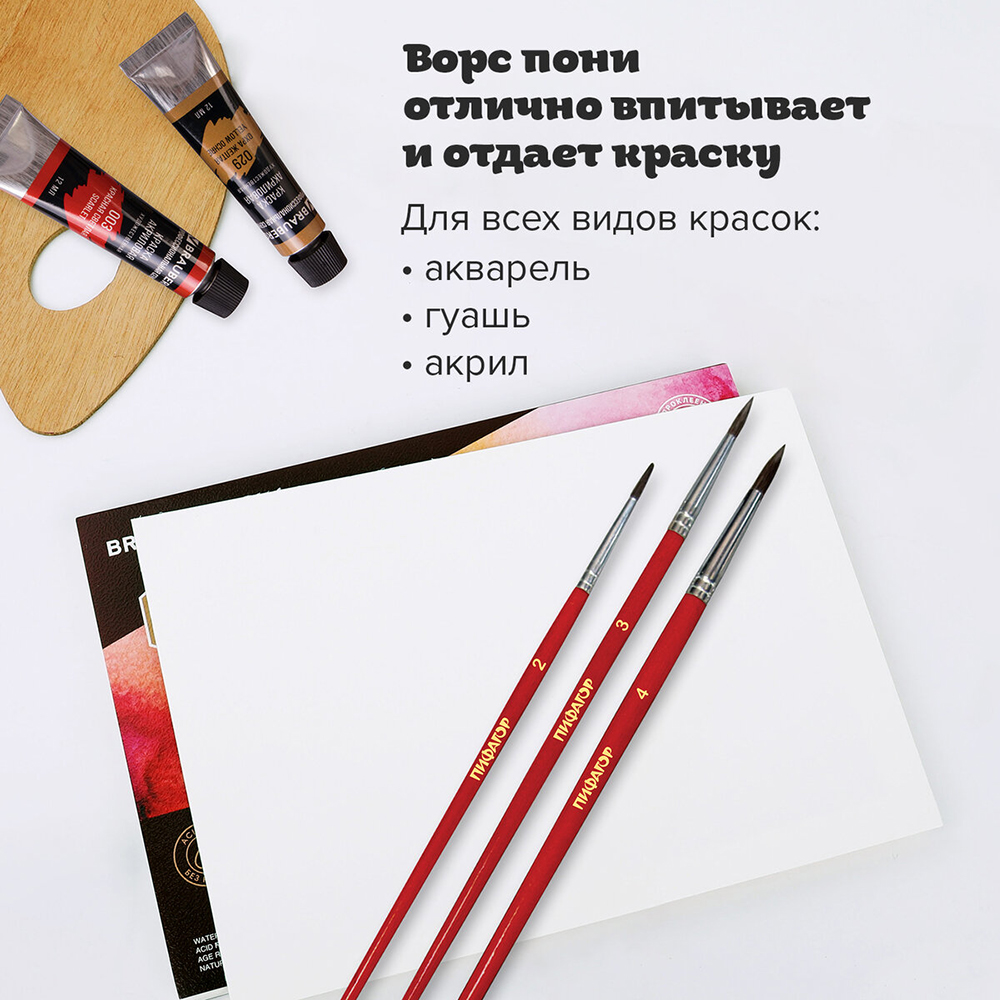 Кисти для рисования Пифагор 200227 из ворса пони круглые № 2, 3, 4, блистер, 3 шт