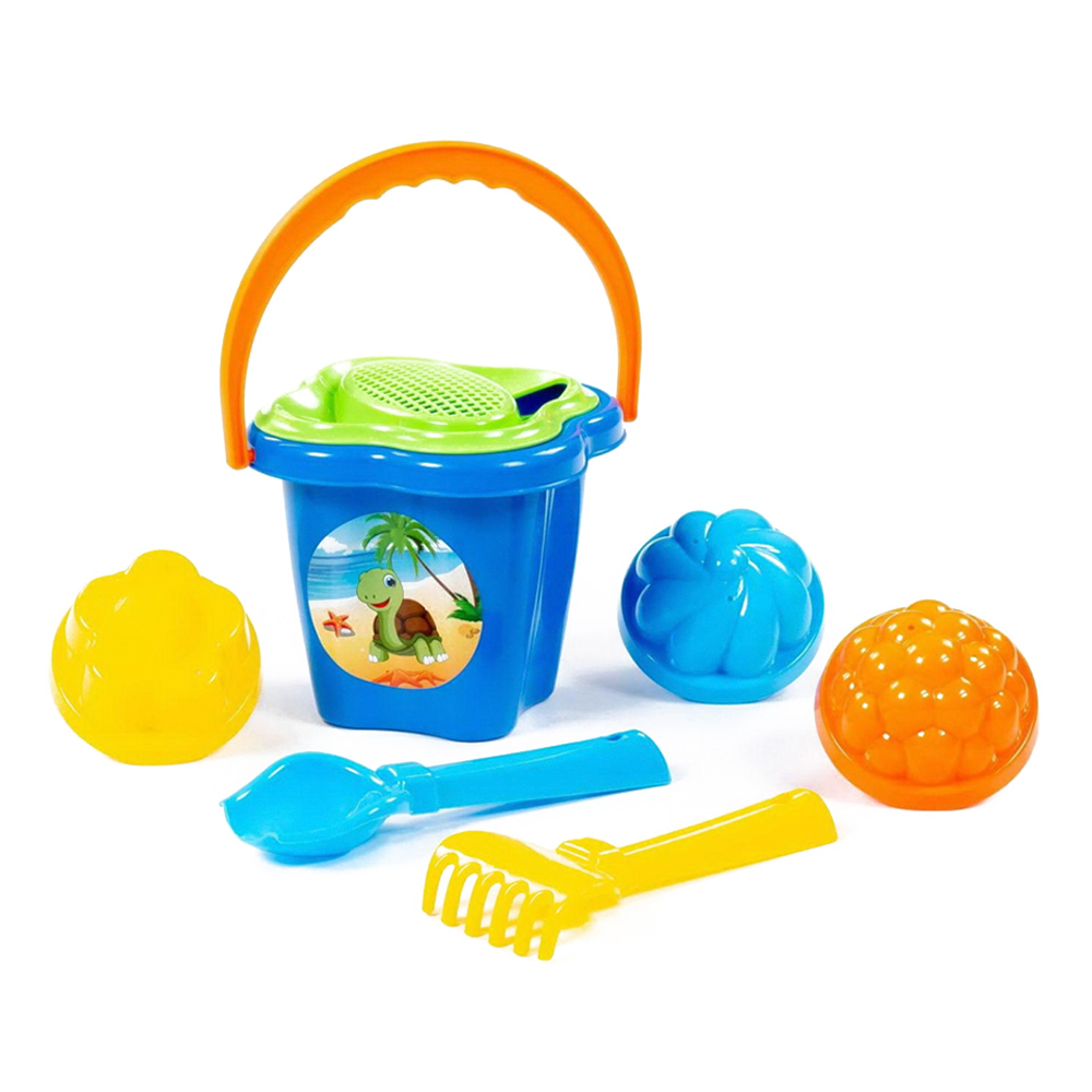 картинка Набор для песочницы 2136 Полесье №21,ведро-цветок,ситечко,совок,грабли,формочки, 170*145*190 мм, пластик 
