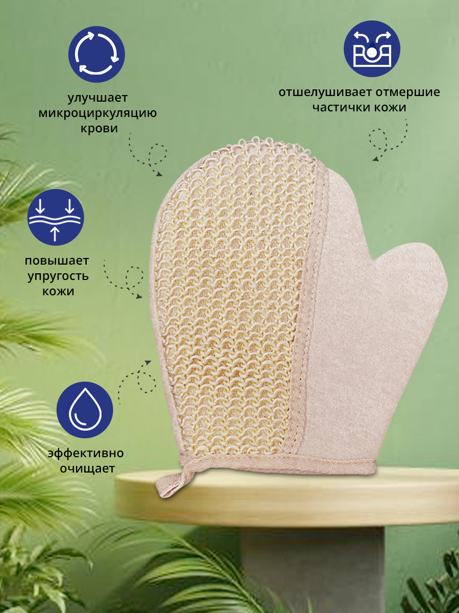картинка Мочалка для тела ММ-02 рукавица, материал: лен, полиэстер 