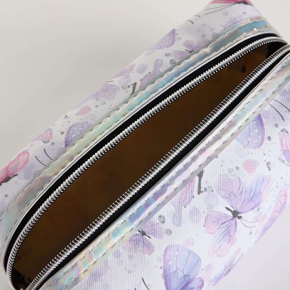 картинка Косметичка 10188275 на молнии, Бабочки 19*6*9 см, текстиль, белый-сиреневый 
