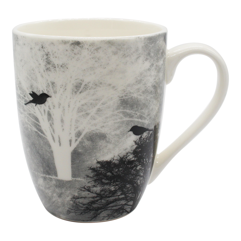 Кружка керамическая KKR-174 Птицы, деревья, черно-белый, 340 мл
