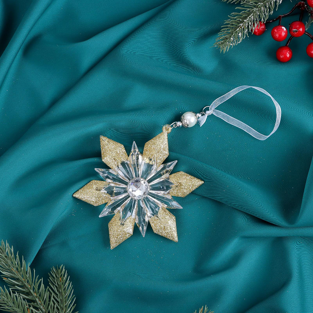 Новогоднее Украшение 6953973 Снежинка лучистая сияние блеск, 12,5*11,5 см, пластик, прозрачно-золотой