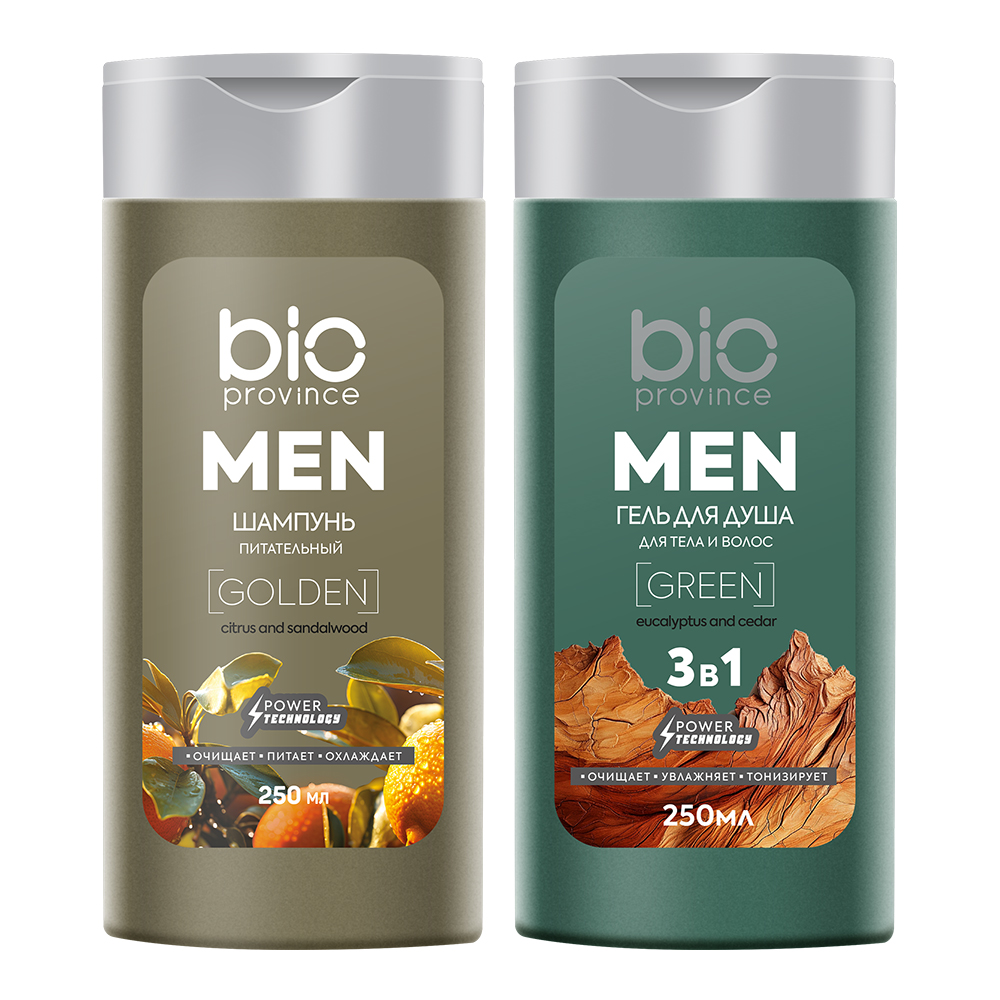 картинка Набор подарочный BioProvince Энергия и сила MEN, 3 в 1 (гель для душа Golden 250 мл + Green 250мл), мужской 