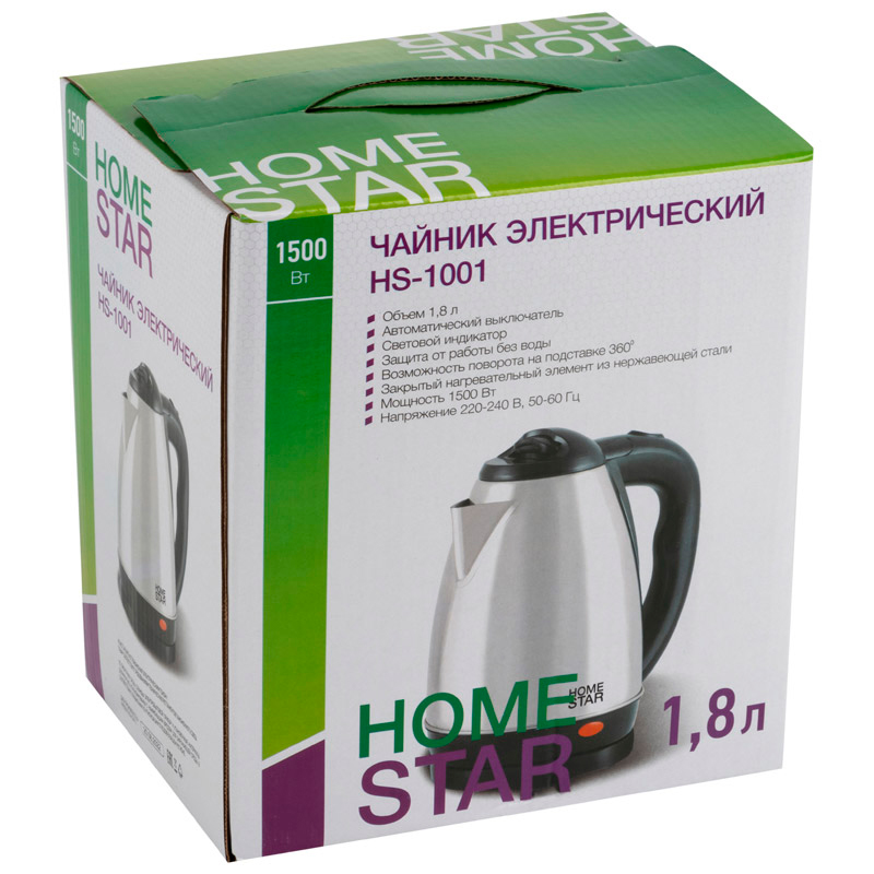 Чайник электрический Homestar 000450 HS-1001, нержавеющая сталь, металлик, 1,8 л