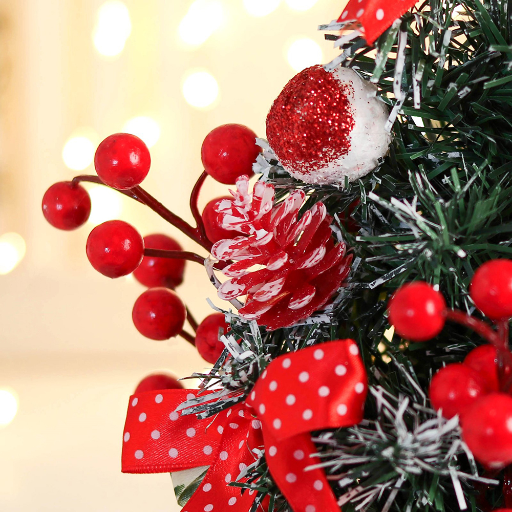 Ель искусственная настольная 9693019 Праздничная, декор бантик в горох, пластик, зеленый, красный, 17 см