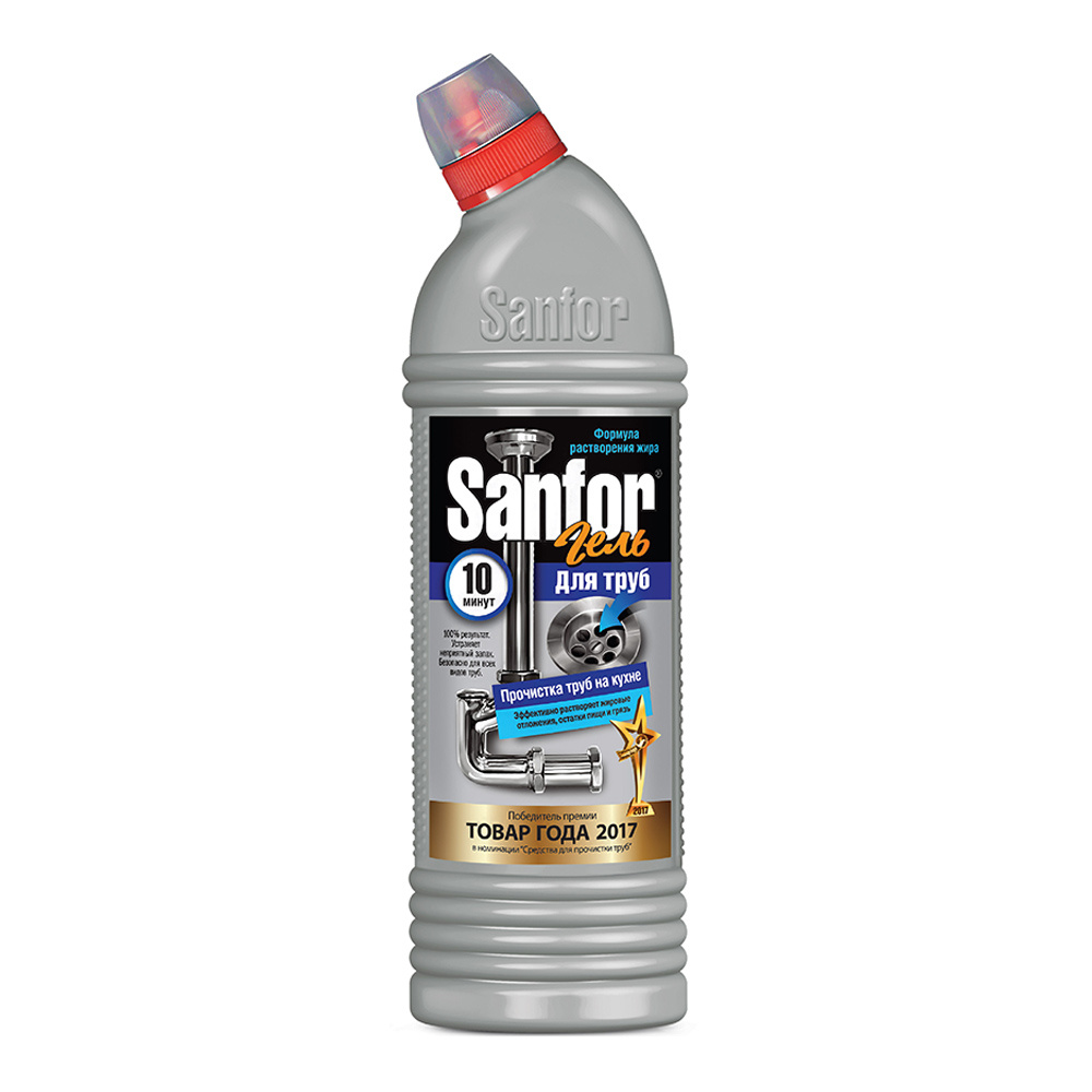 картинка Чистящее средство Sanfor Антижир, от засоров в трубах, гель, флакон, 750 мл 
